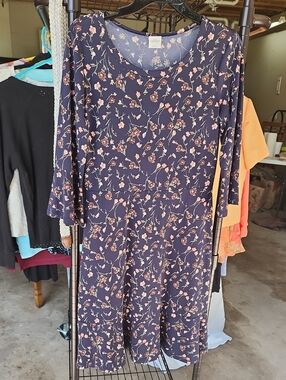 Kaileigh Navy Long-Sleeve Floral A-Line Dress with Pink Blossoms